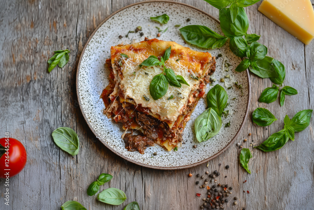 Baked lasagna slice with beef ragù and melted parmesan Baked lasagna slice with beef ragù and melted parmesan
