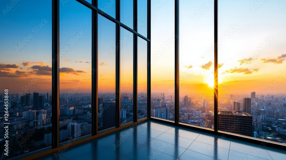 Fototapeta premium Stunning Sunset View Through Glass Skyscrapers Reflecting Vibrant City Colors