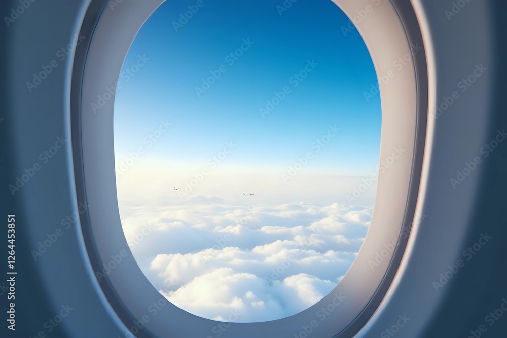 Airplane window with sky background Airplane window with sky background