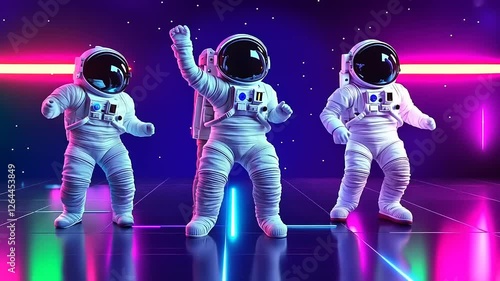Energetic Astronauts Dancing Against a Neon Background