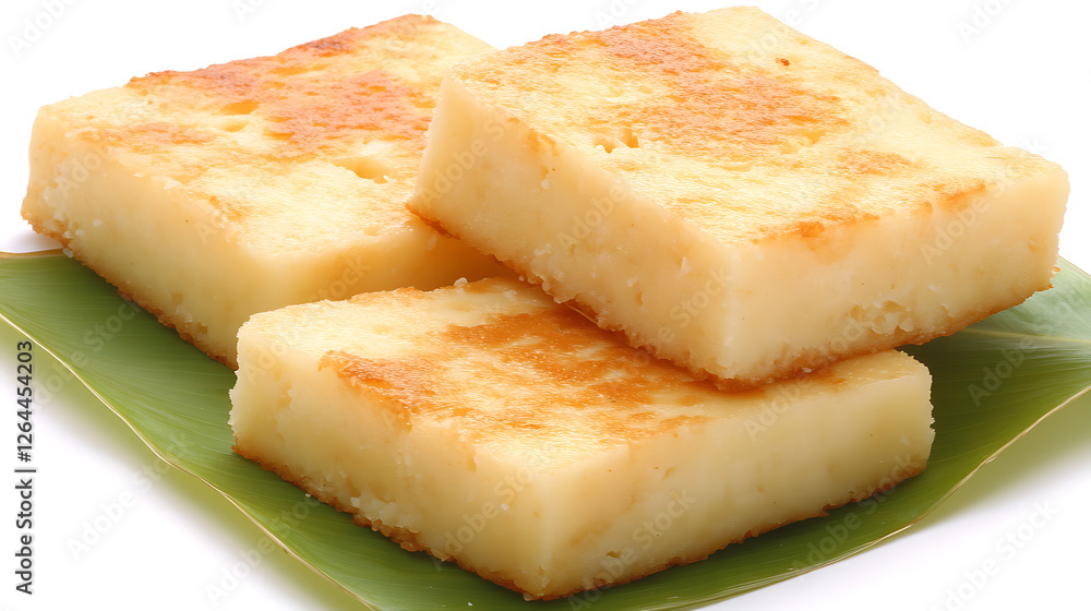 Cassava Cake Squares Stacked on a Green Leaf Offering a Sweet and Delicious Tropical Treat Cassava Cake Squares Stacked on a Green Leaf Offering a Sweet and Delicious Tropical Treat