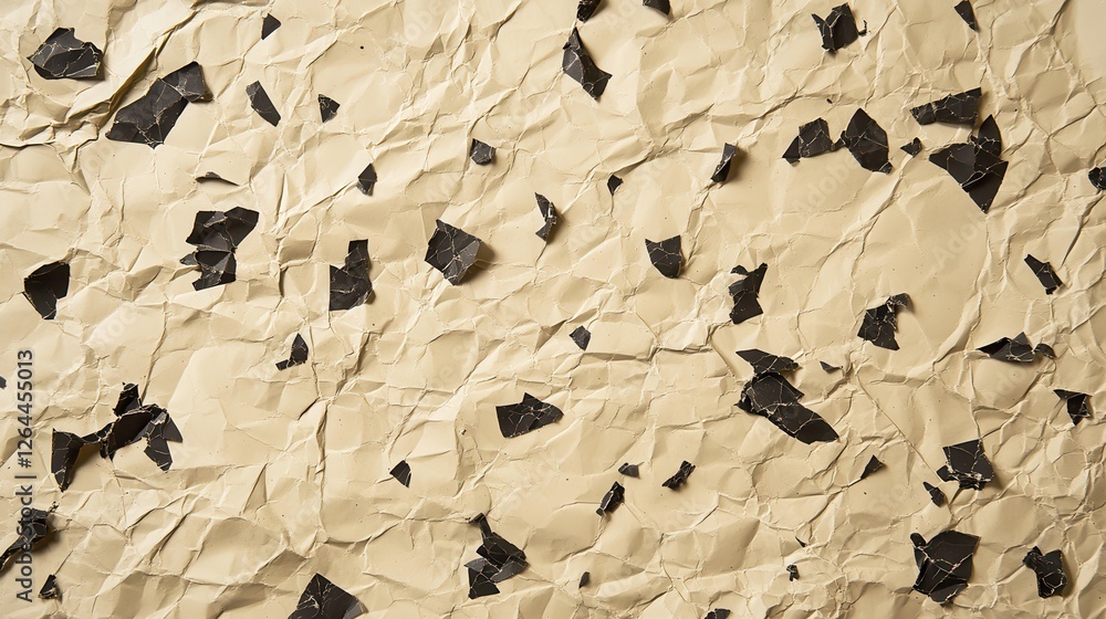 Naklejka premium Crumpled beige paper, black scraps, textured background, design element