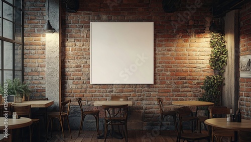 Showcase Empty Canvas in Rustic Cafe: Mockup Design for Vintage Brick Wall Interior, Perfect for Advertising, Menu, or Art