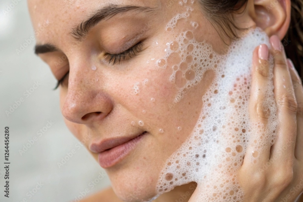 Naklejka premium A woman gently cleanses her face with a foamy cleanser, showcasing a fresh, radiant complexion in a serene setting.