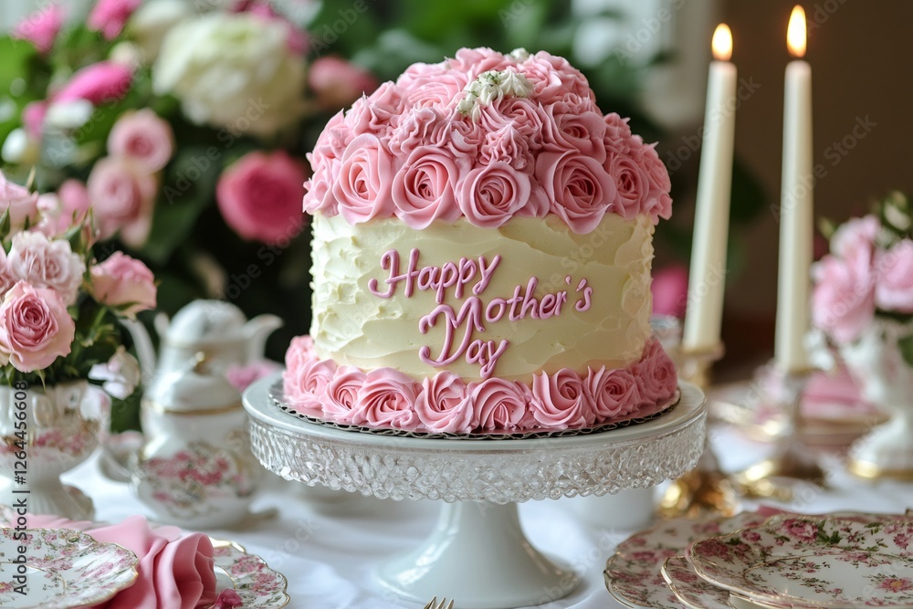 Fototapeta premium Decorated cake celebrating Mother's Day on elegant table setting
