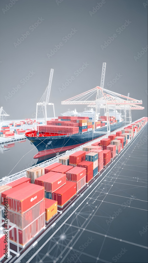 Fototapeta premium Trading harbor port with Cargo ship Import Export Logistic Tariff Dock Shipment Commerical Shipping Business colorful 3D wireframe illustration
