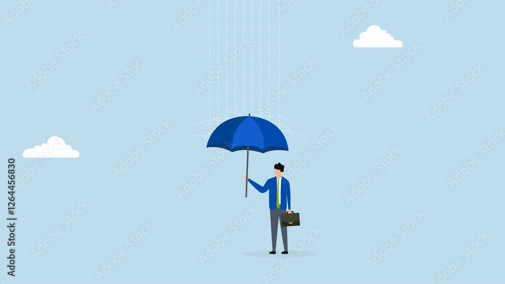 Dealing with bad luck, 4k animation of entrepreneur holding an umbrella to shield against the rainstorm Dealing with bad luck, 4k animation of entrepreneur holding an umbrella to shield against the rainstorm
