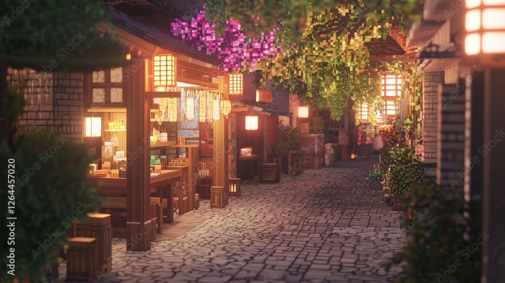 Fototapeta premium Cozy Back Alley Lined with Small Shops and Lanterns at Night