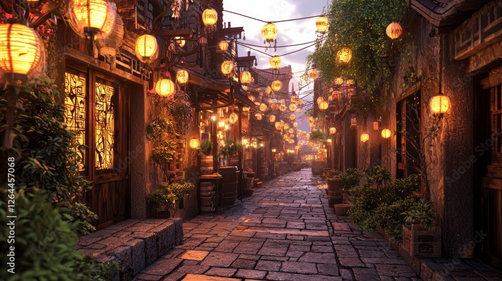 Cozy Back Alley Surrounded by Lush Greenery and Warm Lanterns Cozy Back Alley Surrounded by Lush Greenery and Warm Lanterns