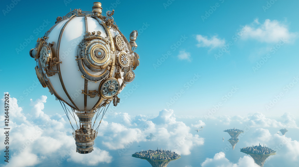 Steampunk Airship in the Clouds: A majestic steampunk airship, adorned with intricate clockwork and gears, soars through a dreamy sky above a fantastical floating city. Steampunk Airship in the Clouds: A majestic steampunk airship, adorned with intricate clockwork and gears, soars through a dreamy sky above a fantastical floating city.