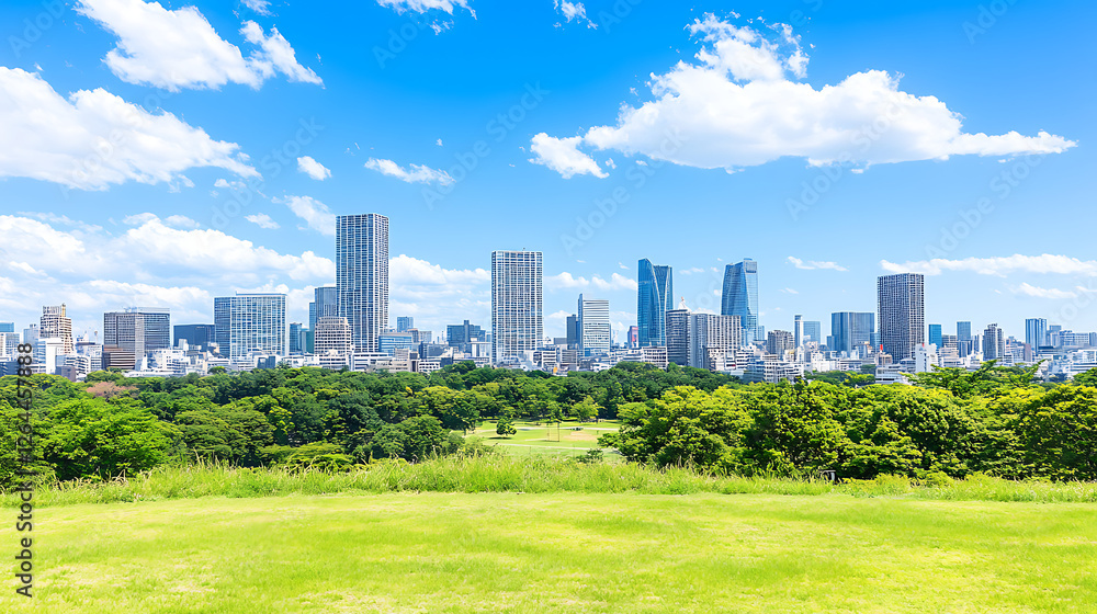 Obraz premium City Skyline Panorama with Lush Green Parkland and Blue Sky on a Sunny Day in Urban Landscape