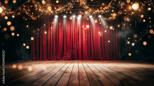 Theater festival cartoon poster with backstage red curtains and wooden scene with glowing spotlights and garland. Invitation flyer for theater or cinema show, entertainment concert Vector illustration