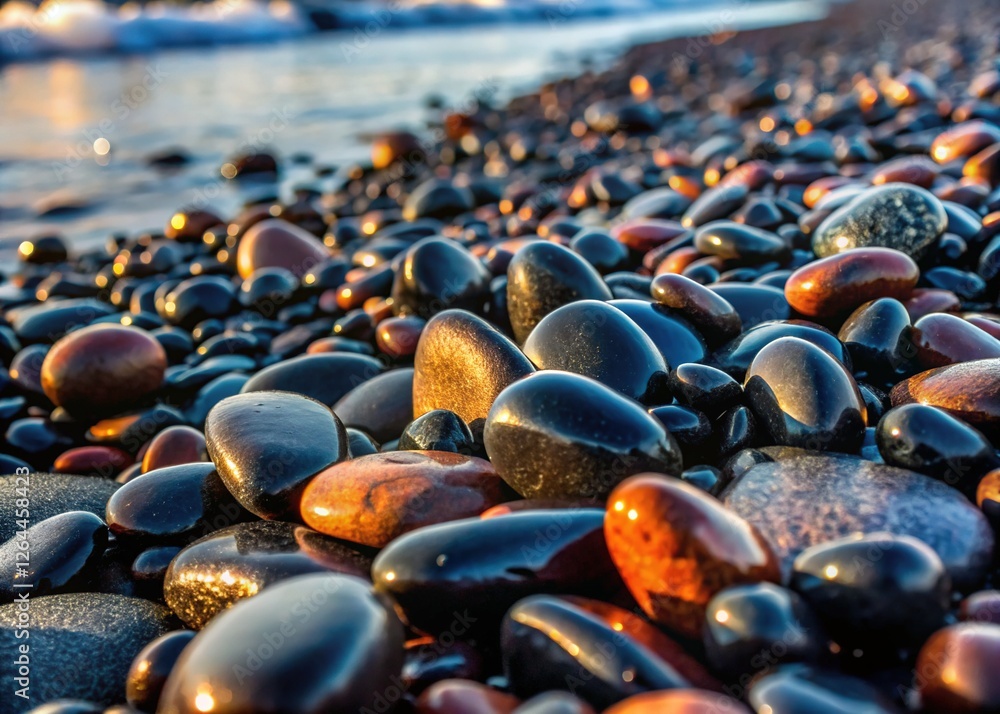 Obraz premium Dark Beach Stones: Black Pebbles and Rocks on Black Sand Background