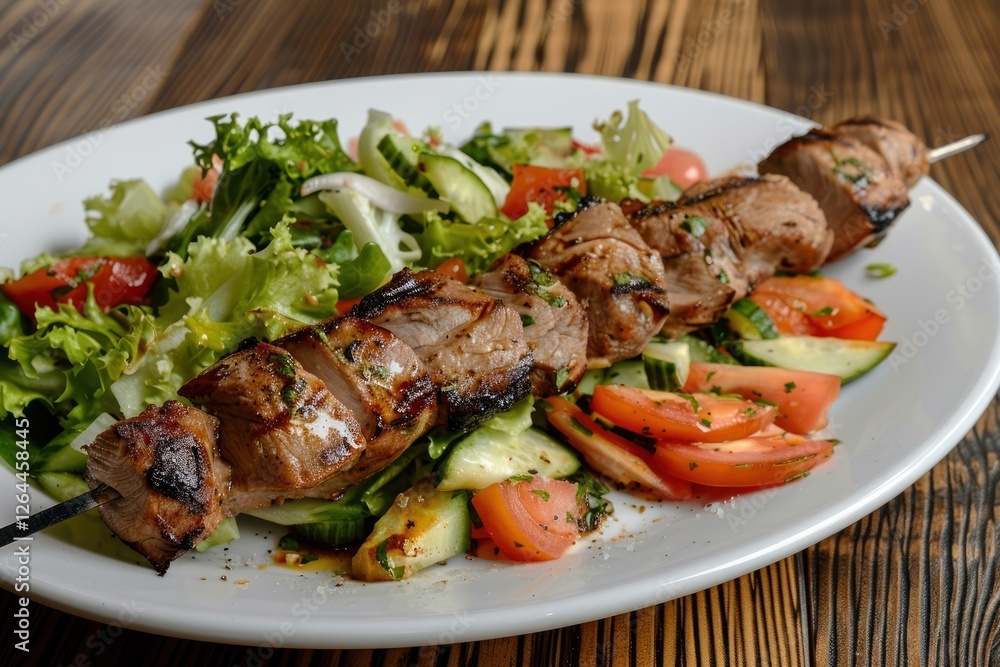 Shish kebab of pork and salad plate table meat. Shish kebab of pork and salad plate table meat.