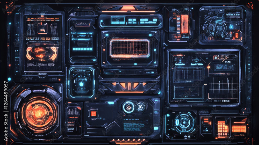 Obraz premium Game buttons and frames in sci fi style. Design elements, menu and assets for user interface. Vector cartoon set of futuristic game ui elements, bars of health, money and energy, check and cross marks