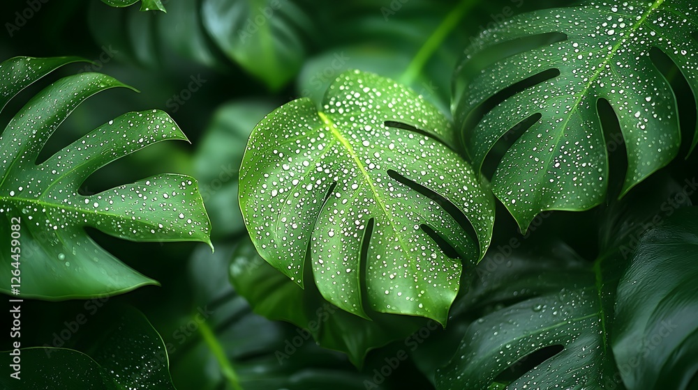 Fototapeta premium Stunning close up macro shot of dew covered tropical leaves showcasing rich green hues intricate textures and high level of detail Perfect for nature inspired design backgrounds and premium imagery