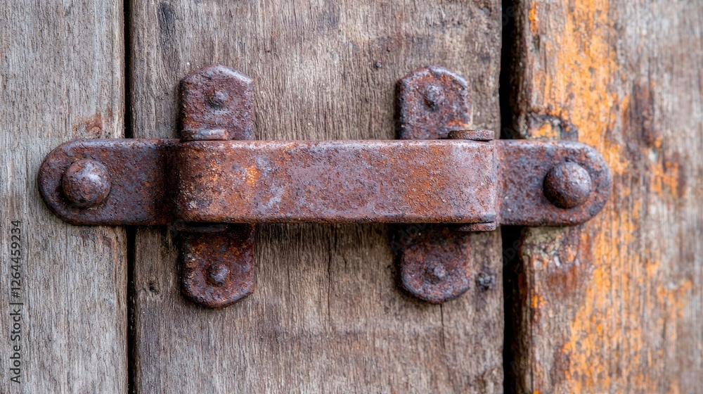Rusty metal latch on weathered wooden door Rusty metal latch on weathered wooden door