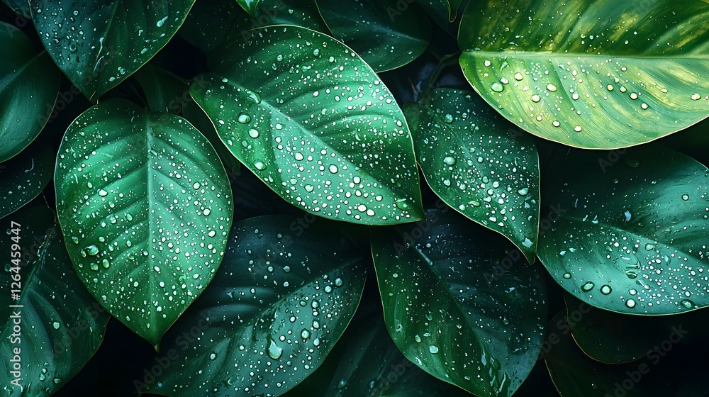 Fototapeta premium Captivating close up macro shot of dew covered tropical leaves in rich vibrant green hues showcasing the intricate textures and patterns of the lush organic plant life