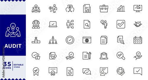 Audit Line Editable Icons set. Vector illustration in thin line modern style of inspection related icons: documentation, auditor,Audit icon set. Accounting line icons collection.