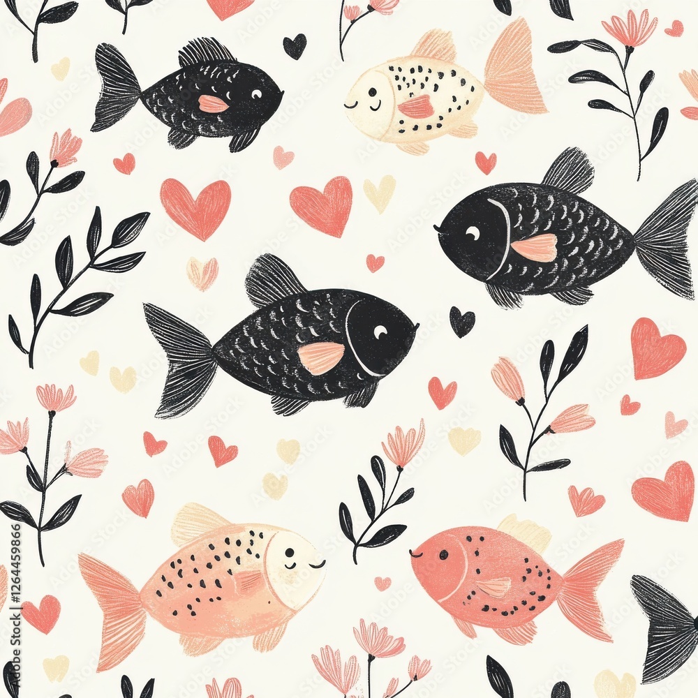 Seamless valentine pattern with stylized fish, hearts, and floral elements Seamless valentine pattern with stylized fish, hearts, and floral elements