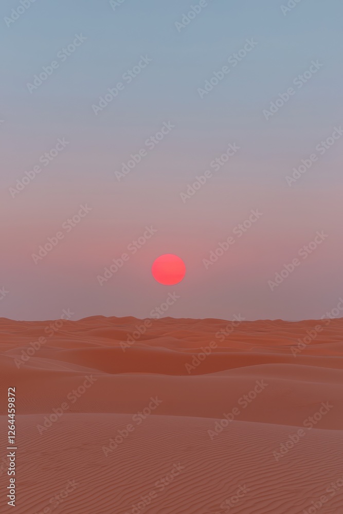Fototapeta premium A serene desert landscape at sunset, showcasing soft dunes and a warm, glowing sun.