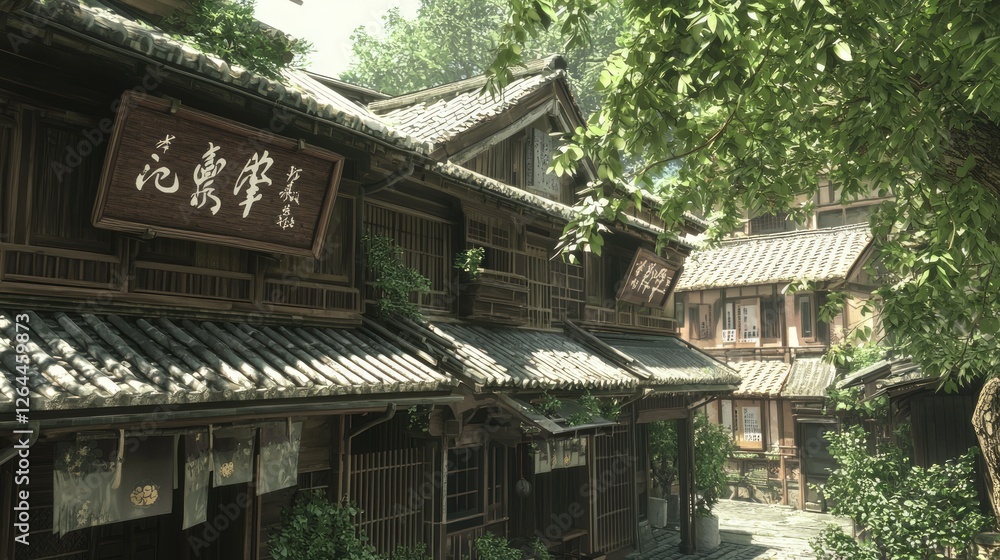 Traditional Tiled Roofs in Scenic Village Setting Under Greenery Traditional Tiled Roofs in Scenic Village Setting Under Greenery