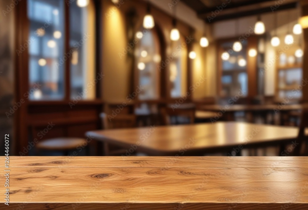 Wooden tabletop on blurred gold light background, cafe ambiance, gold, bokeh, space Wooden tabletop on blurred gold light background, cafe ambiance, gold, bokeh, space