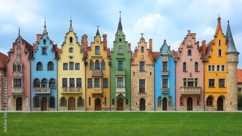 Naklejka premium Picturesque Row of Colorful Medieval Houses European Architecture Historic Buildings