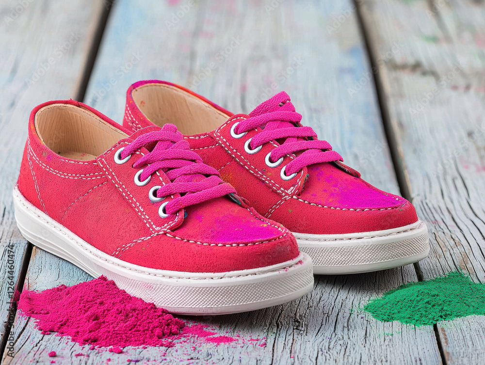 Bright pink shoes on wooden surface with colorful powders, evoking festive atmosphere Bright pink shoes on wooden surface with colorful powders, evoking festive atmosphere