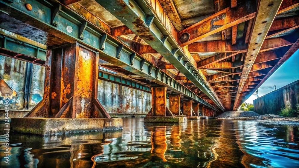 Grimy Underside of a City Bridge, Industrial Textures and Shadows Grimy Underside of a City Bridge, Industrial Textures and Shadows