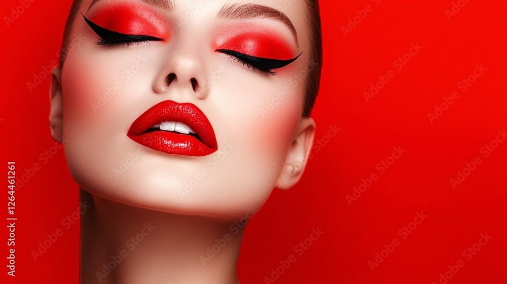 Red Makeup Model With Eyes Closed Red Makeup Model With Eyes Closed