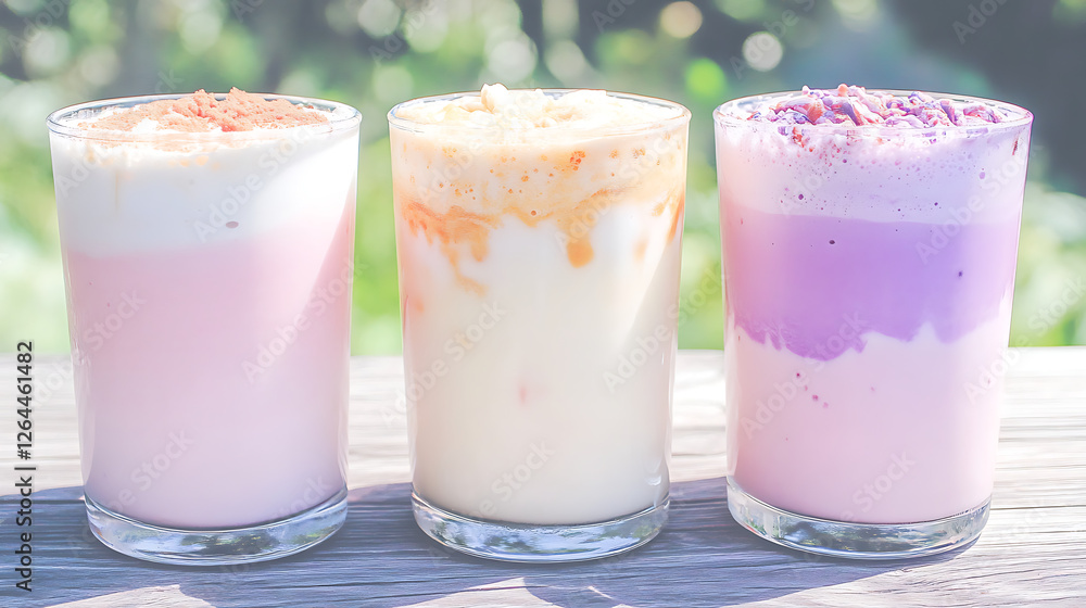 Colorful Layered Smoothie Glasses Refreshments Variety on Wooden Surface Under Soft Sunlight Outdoors Colorful Layered Smoothie Glasses Refreshments Variety on Wooden Surface Under Soft Sunlight Outdoors
