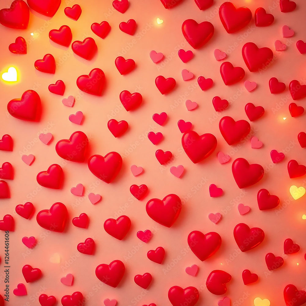 A dense, flat lay arrangement of 3D rendered red and pink hearts of varying sizes, scattered randomly against a soft peach-pink background, with subtle glowing lights interspersed. A dense, flat lay arrangement of 3D rendered red and pink hearts of varying sizes, scattered randomly against a soft peach-pink background, with subtle glowing lights interspersed.