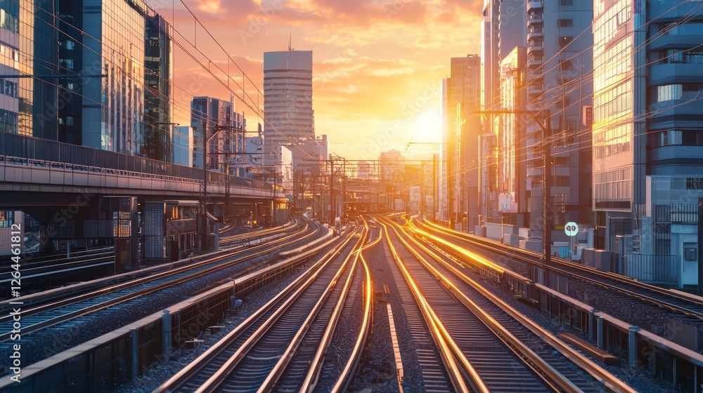Fototapeta premium Sunset Over Busy Commercial Avenue with Overhead Railway Tracks