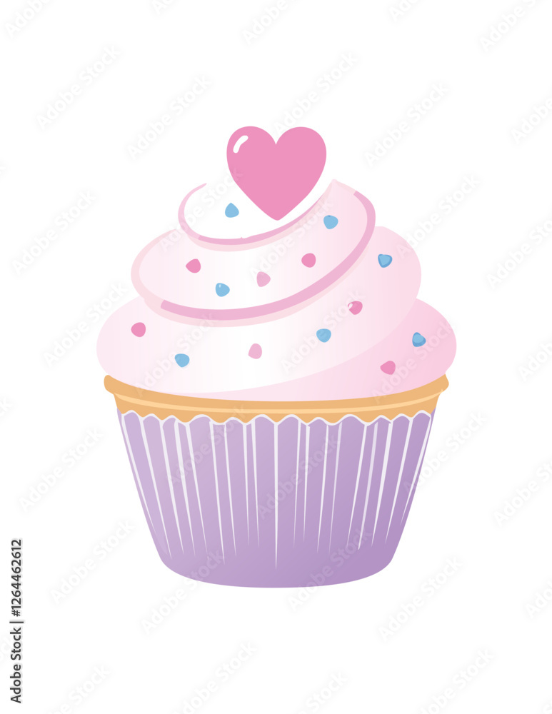 A cute pink cupcake with swirled frosting, colorful sprinkles, and a heart topper in a purple wrapper. A cute pink cupcake with swirled frosting, colorful sprinkles, and a heart topper in a purple wrapper.