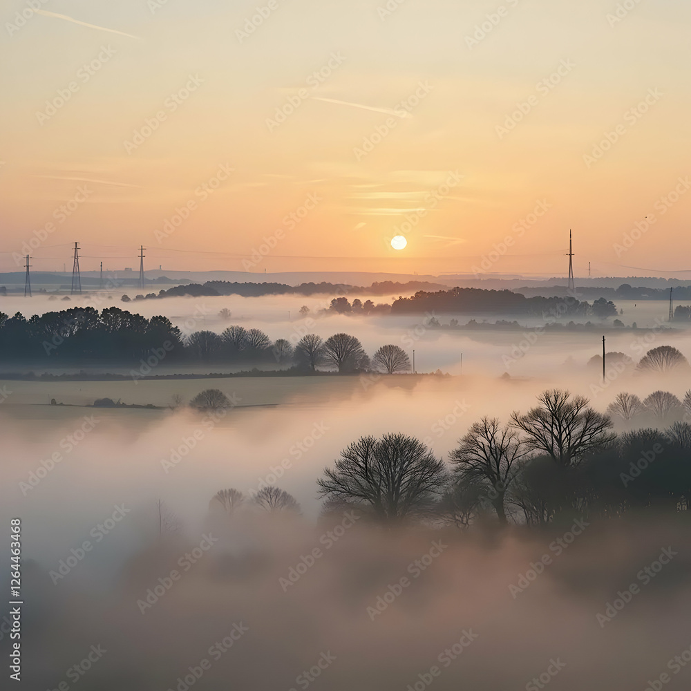 Golden hour bathes a misty countryside landscape in ethereal light Golden hour bathes a misty countryside landscape in ethereal light
