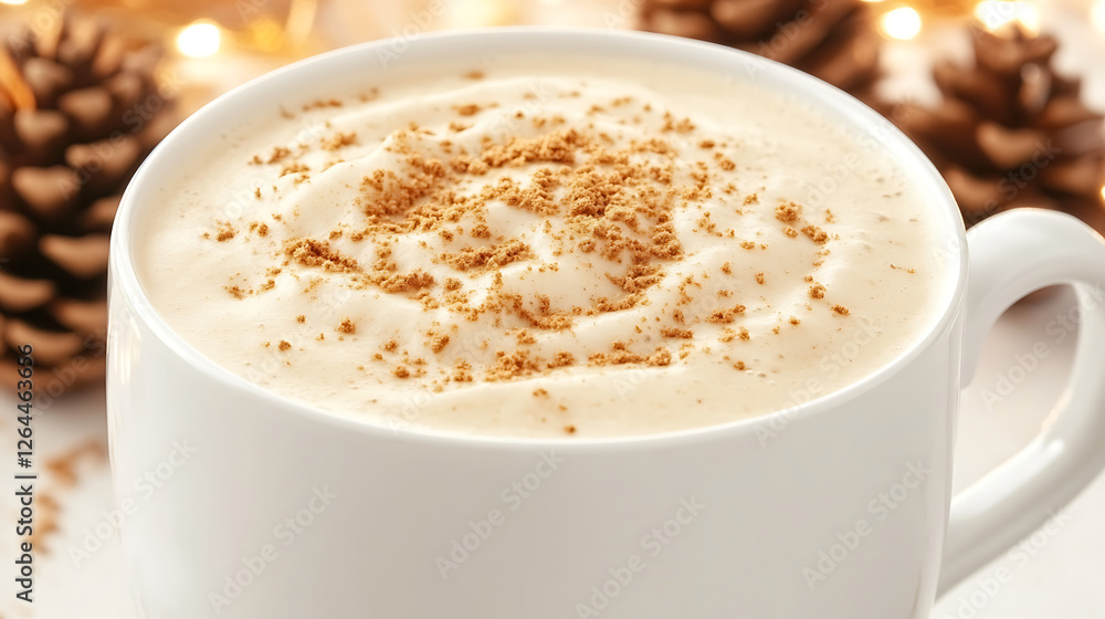 Cozy Cup of Festive Eggnog Topped with Cinnamon against a Warm Holiday Background Scene Cozy Cup of Festive Eggnog Topped with Cinnamon against a Warm Holiday Background Scene