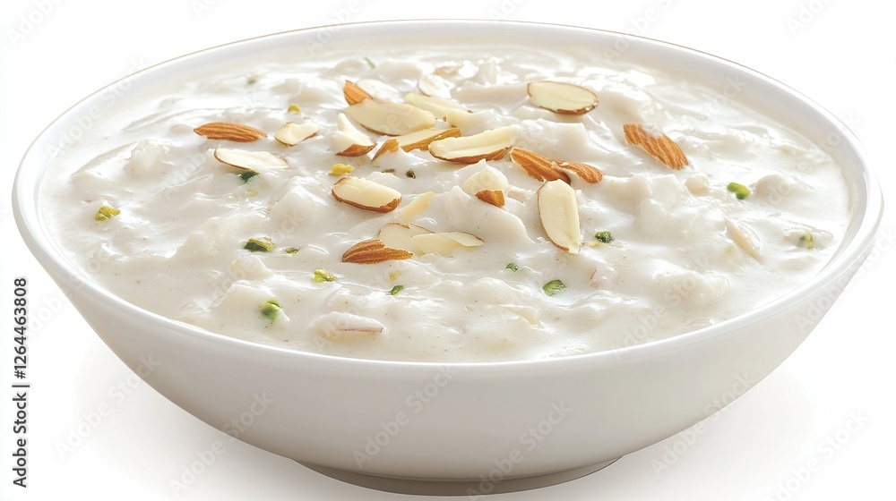Creamy rice pudding dessert, almonds, studio, white bowl, background Creamy rice pudding dessert, almonds, studio, white bowl, background
