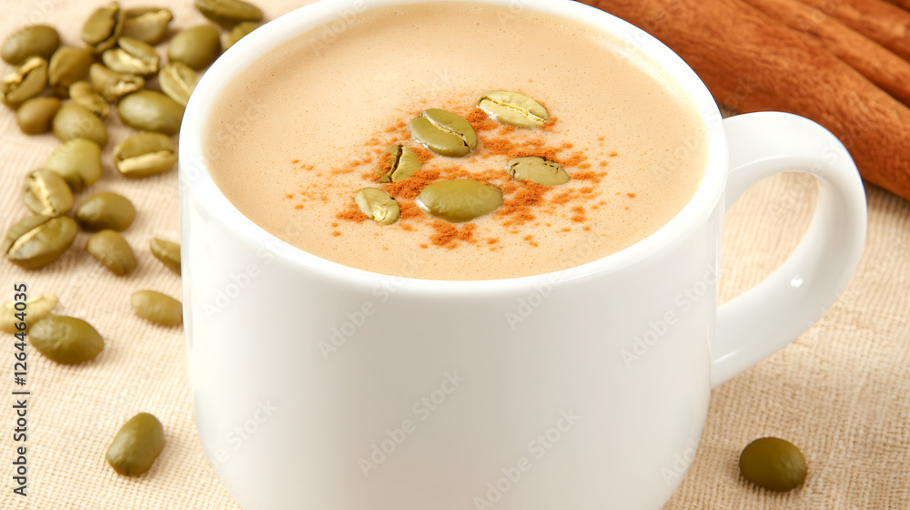 Cozy Spice Latte with Pumpkin Seeds and Cinnamon Sticks Aromatic Drink Still Life Composition Cozy Spice Latte with Pumpkin Seeds and Cinnamon Sticks Aromatic Drink Still Life Composition