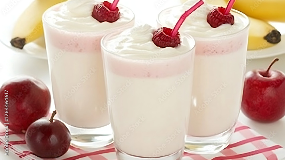 Creamy Fruit Smoothies with Straws Bananas Apples and Plums on Checkered Cloth Table Still Life Creamy Fruit Smoothies with Straws Bananas Apples and Plums on Checkered Cloth Table Still Life