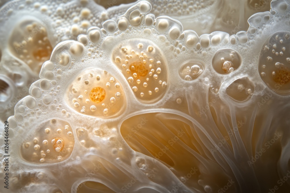 Close-up of translucent organism with orange centers and bubble-like structures. Illustrates intricate detail in nature, ideal for science, biology, or abstract themes. Close-up of translucent organism with orange centers and bubble-like structures. Illustrates intricate detail in nature, ideal for science, biology, or abstract themes.