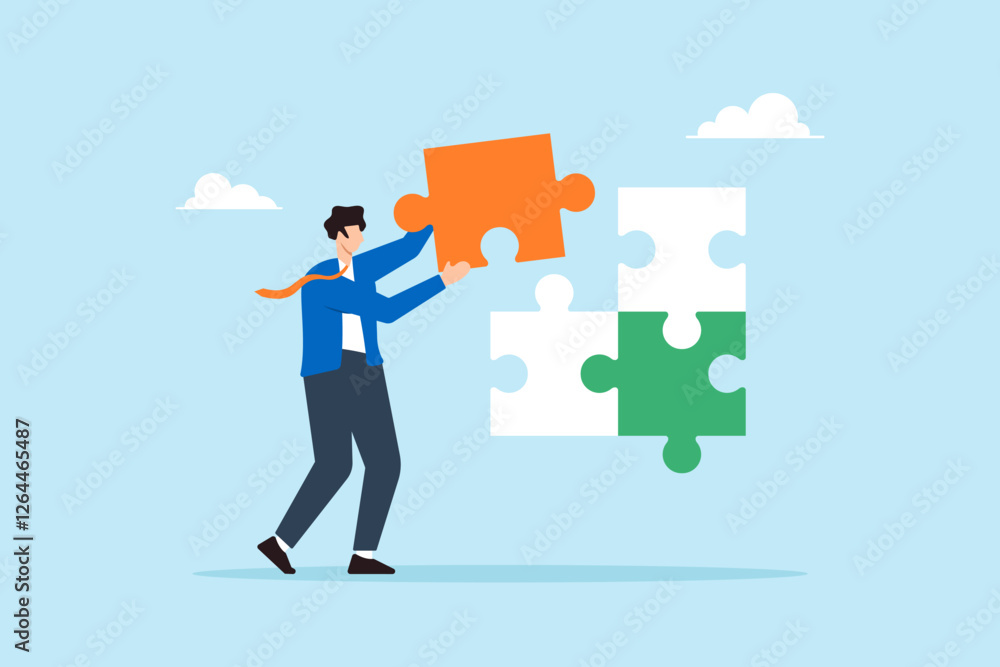Flat illustration of businessman complete last missing jigsaw puzzle piece to solve business problem Flat illustration of businessman complete last missing jigsaw puzzle piece to solve business problem