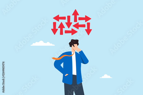 Flat illustration of businessman contemplate multiple path symbolizing decision making for right direction to success