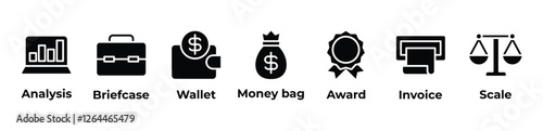 Mastering Business Success Icons set vector illustration with analysis, briefcase, wallet, money bag, award, invoice, scale