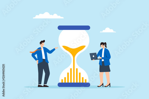 Flat illustration of business people analyze sandglass time graph to manage employee timesheet efficiently