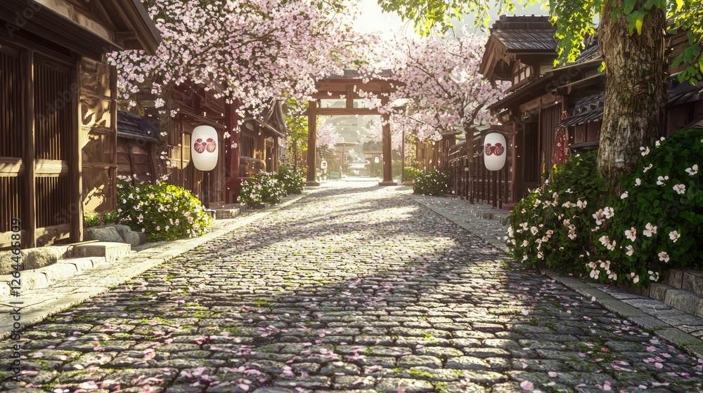 Fototapeta premium Charming Springtime Scene on a Cobblestone Street with Blossoms