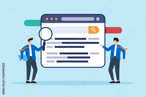 Flat illustration of business marketing team move website up in search ranking for better SEO performance