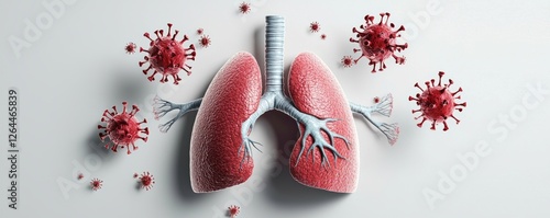 Illustration of human lungs surrounded by virus particles, showcasing the harmful effects of PM2.5 air pollution, respiratory health and the impact of viral infections