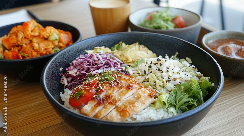 Savor the Flavor: A vibrant and healthy meal featuring a grilled chicken bowl, accompanied by a side of salad, vegetables, and a comforting soup. Savor the Flavor: A vibrant and healthy meal featuring a grilled chicken bowl, accompanied by a side of salad, vegetables, and a comforting soup.