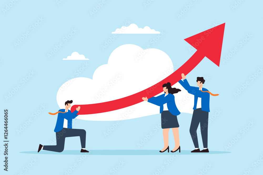 Flat illustration of business team help move arrow upward for business improvement and growth Flat illustration of business team help move arrow upward for business improvement and growth